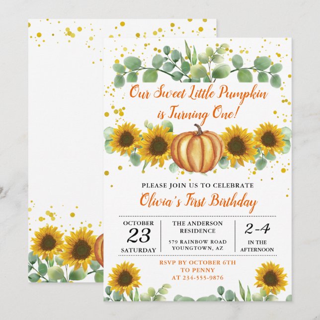 Greenery Sunflowers Autumn Pumpkin Fall Birthday Invitation (Front/Back)