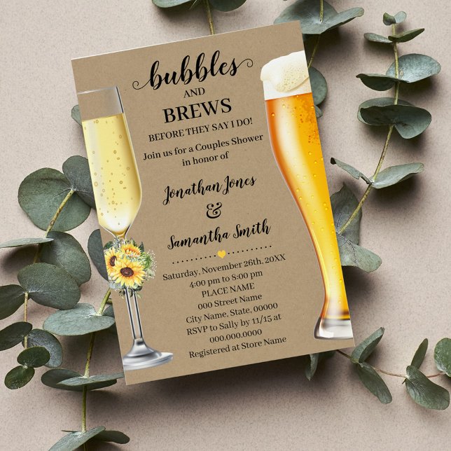 Greenery Sunflowers Bubbles & Brews before I do Invitation (Country Greenery Sunflowers Bubbles & Brews before I do Couples Shower, Western Sunflowers Wedding)