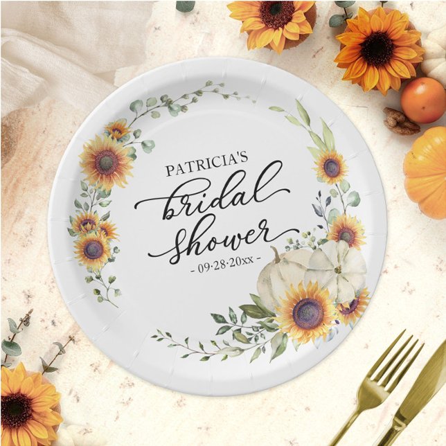Greenery Sunflowers Pumpkin Fall Bridal Shower Paper Plate (Creator Uploaded)