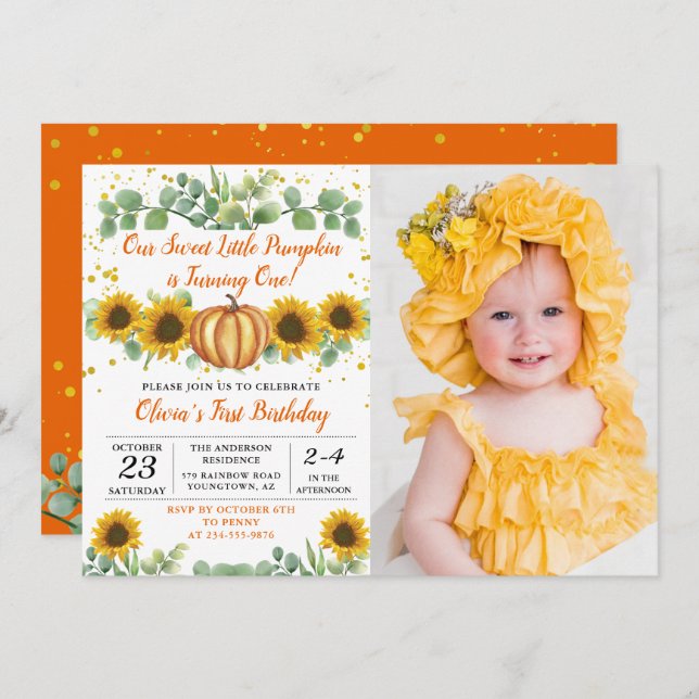 Greenery Sunflowers Pumpkin First Birthday Photo Invitation (Front/Back)