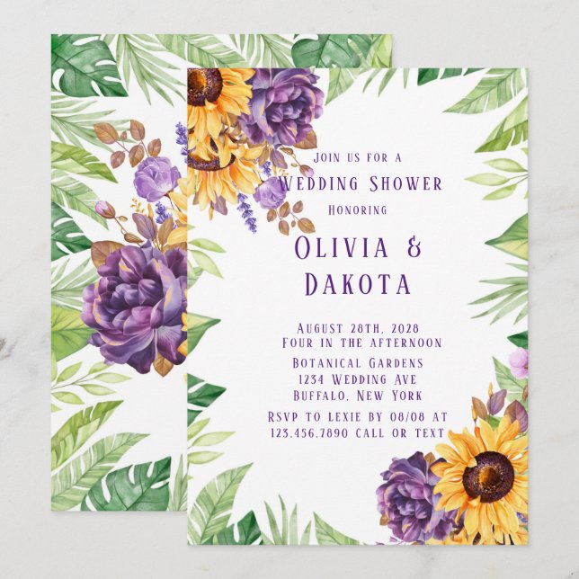 Greenery Sunflowers Purple Floral Wedding Shower Invitation (Front/Back)