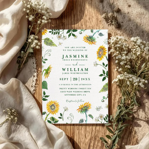 Greenery Sunflowers Rustic Elegant QR Code Wedding Invitation