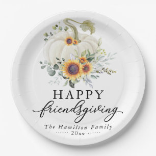 Greenery Sunflowers White Pumpkin Friendsgiving Paper Plate