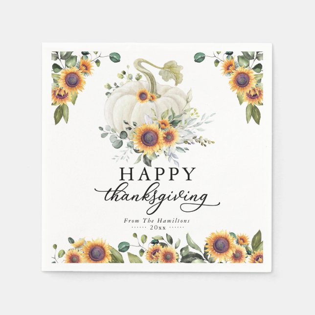 Greenery Sunflowers White Pumpkin Thanksgiving Napkin (Front)