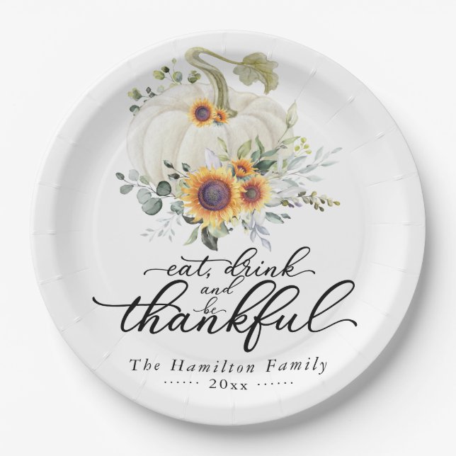 Greenery Sunflowers White Pumpkin Thanksgiving Paper Plate (Front)