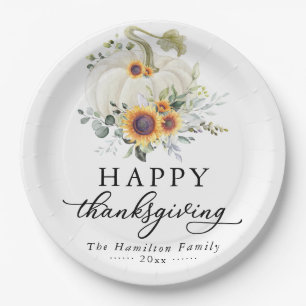 Greenery Sunflowers White Pumpkin Thanksgiving Paper Plate