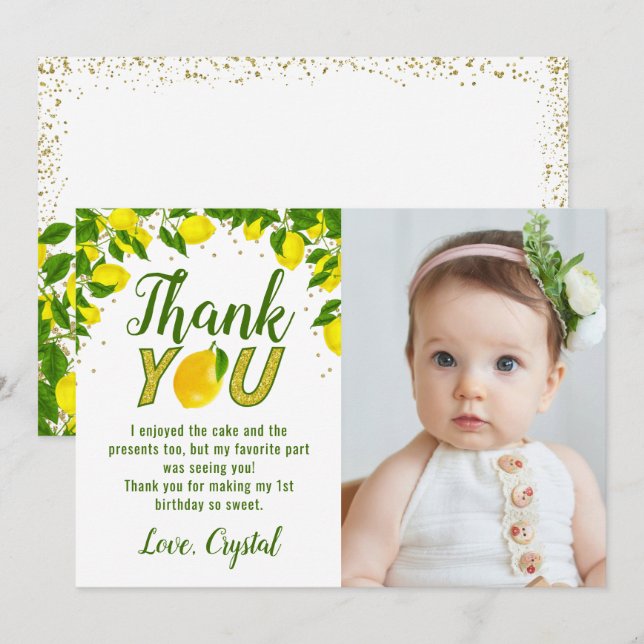 Greenery Sweet Lemon Gold Glitter Birthday Photo Thank You Card (Front/Back)