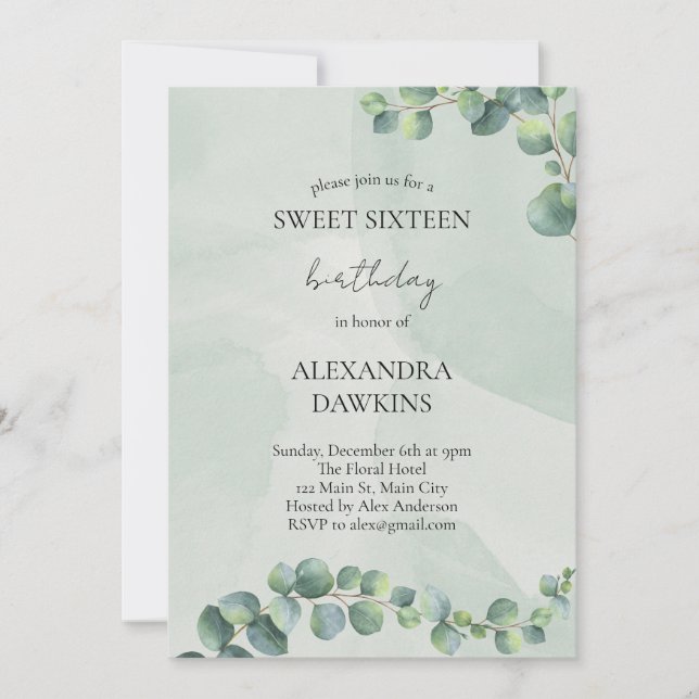 Greenery Sweet Sixteen Birthday Party Invitation (Front)