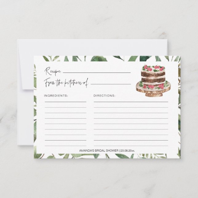 Greenery Sweets Cakes Bridal Shower Recipe Cards (Front)