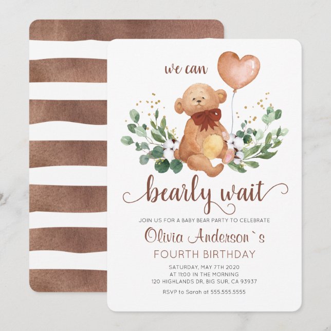 Greenery Teddy Bear Bearly Wait Baby Birthday Invitation (Front/Back)