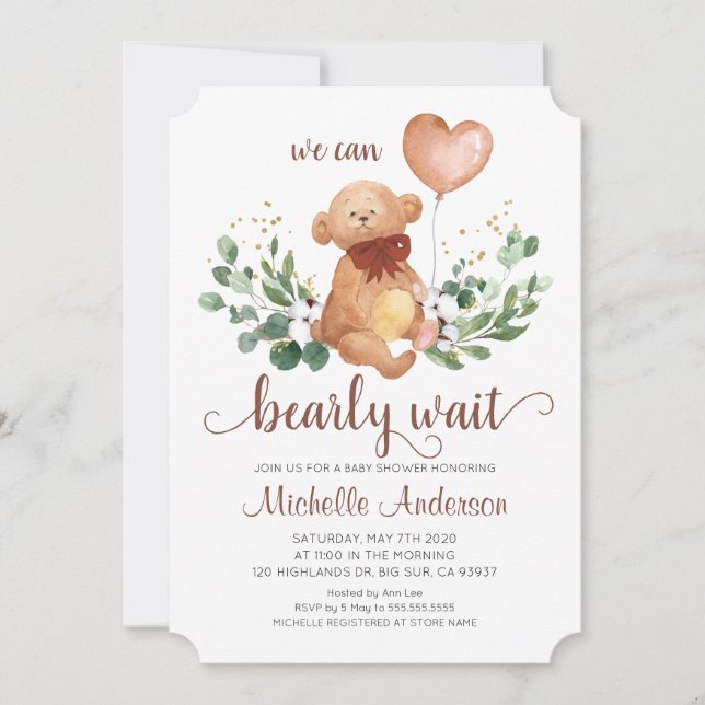 Greenery Teddy Bear Bearly Wait Baby Shower  Invitation (Front)