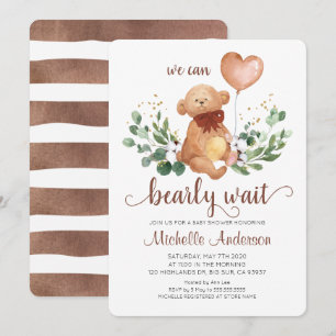 Greenery Teddy Bear Bearly Wait Baby Shower Invitation