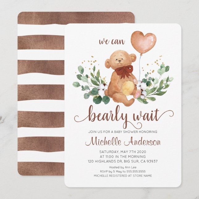 Greenery Teddy Bear Bearly Wait Baby Shower Invitation (Front/Back)