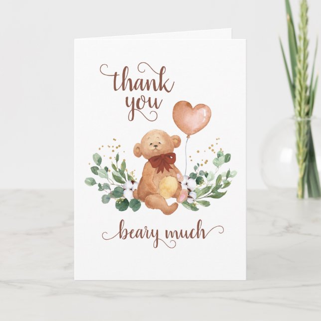 Greenery Teddy Bear Beary Much Baby Shower Thank You Card (Front)