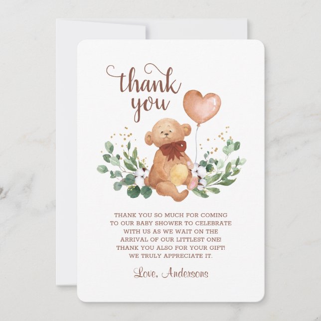 Greenery Teddy Bear Beary Much Baby Shower  Thank You Card (Front)