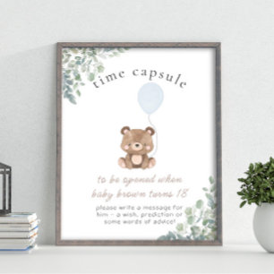 Greenery Teddy Bear First Birthday Time Capsule Poster