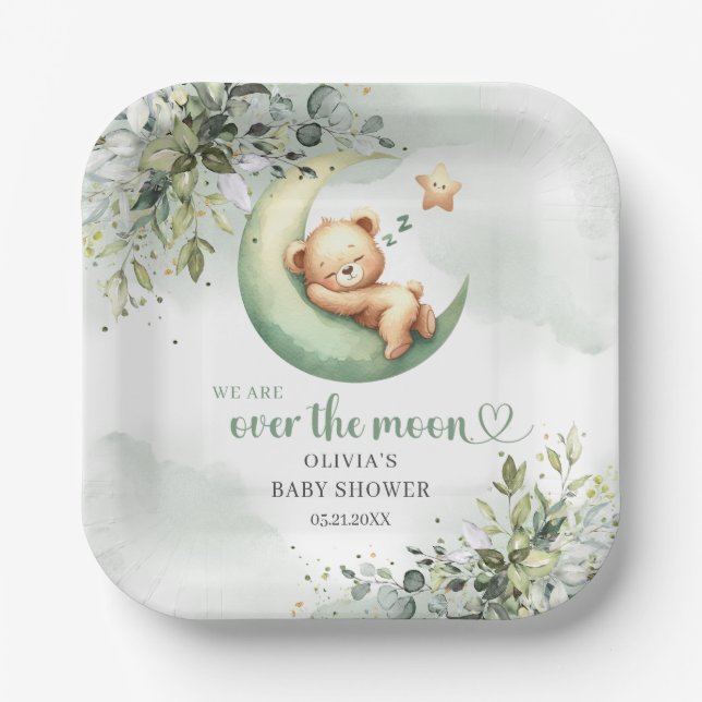Greenery teddy bear over the moon gender neutral paper plate (Front)