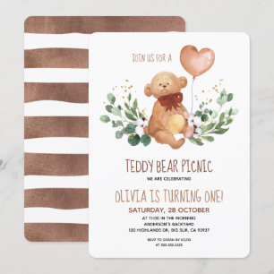 Greenery Teddy Bear Picnic Baby Birthday Invitation