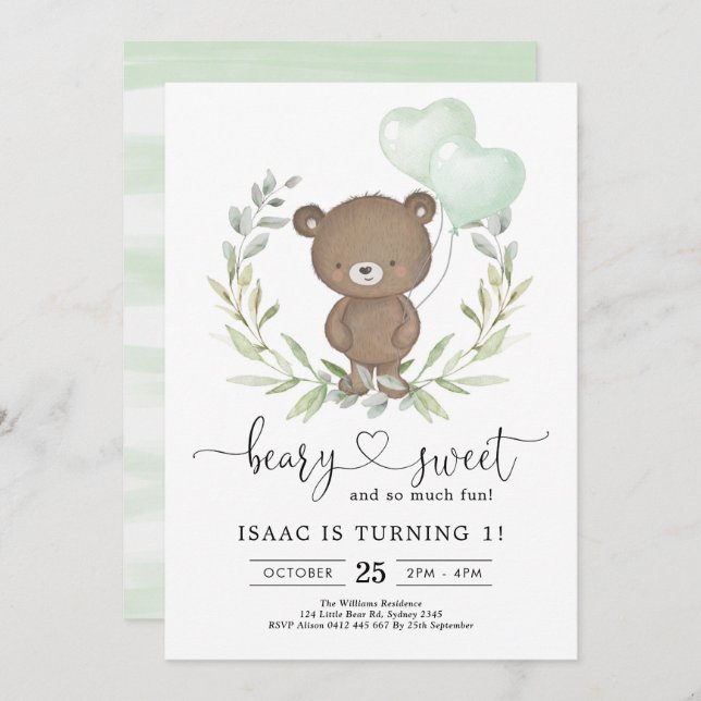 Greenery Teddy Bear with Balloons Boy 1st Birthday Invitation (Front/Back)