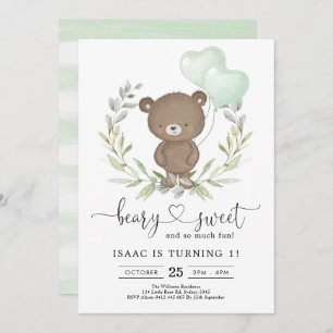 Greenery Teddy Bear with Balloons Boy 1st Birthday Invitation