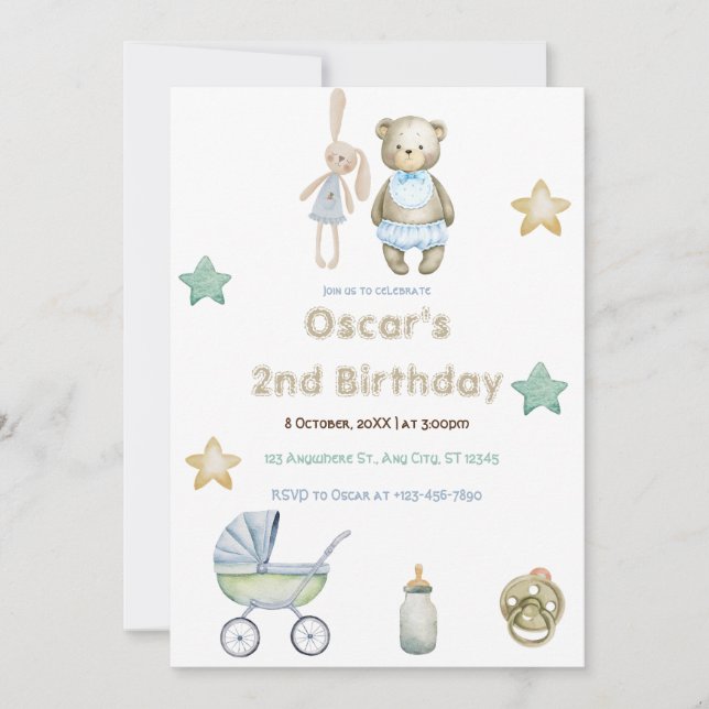 Greenery Teddy Bear with Stars Boy 2nd Birthday Invitation (Front)