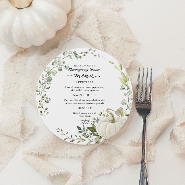 Greenery Thanksgiving Dinner Circle Menu Card (Creator Uploaded)