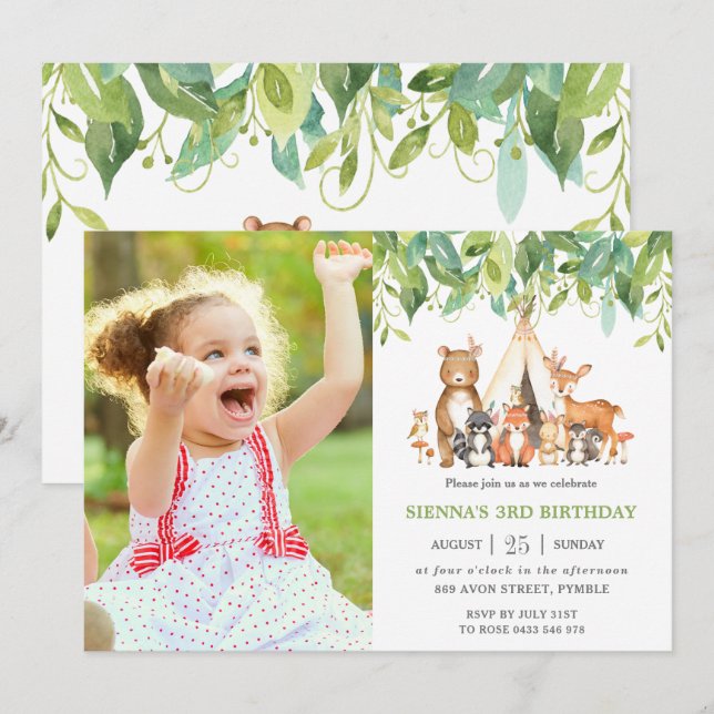 Greenery Tribal Woodland Animals Birthday Photo Invitation (Front/Back)