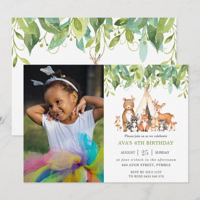 Greenery Tribal Woodland Animals Birthday Photo Invitation (Front/Back)