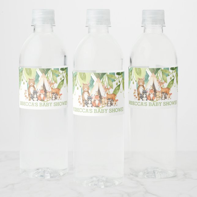 Greenery Tribal Woodland Baby Shower Birthday Boy Water Bottle Label (Bottles)