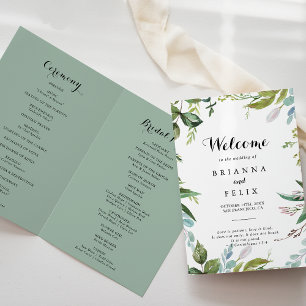 Greenery Tropical Calligraphy Folded Wedding Programme