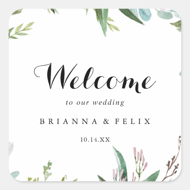 Greenery Tropical Calligraphy Wedding Welcome Square Sticker (Front)