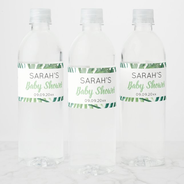 Greenery Tropical Leaf Baby Shower Favour Water Bottle Label (Bottles)