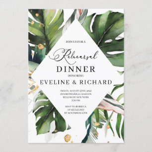 Greenery Tropical leaves gold rehearsal dinner Invitation