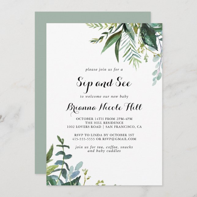 Greenery Tropical Modern Calligraphy Sip and See Invitation (Front/Back)