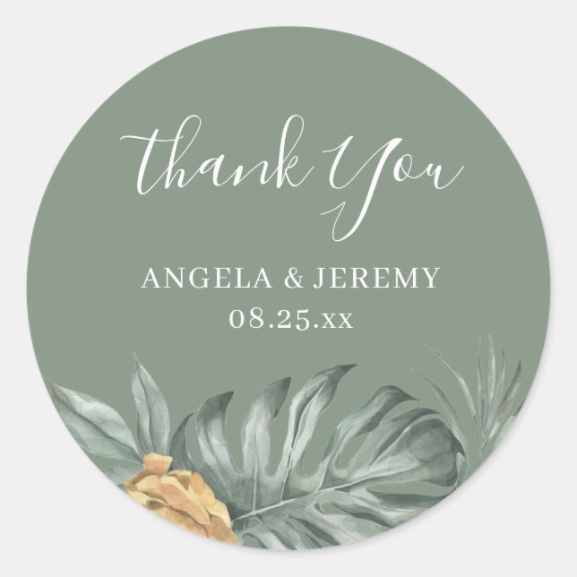 Greenery Tropical Monstera Foliage Thank You Class Classic Round Sticker (Front)