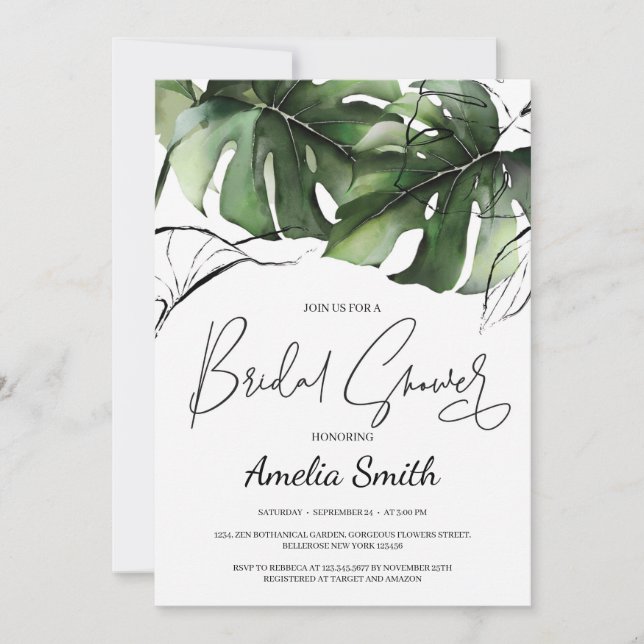 Greenery tropical monstera leaves bridal shower invitation (Front)