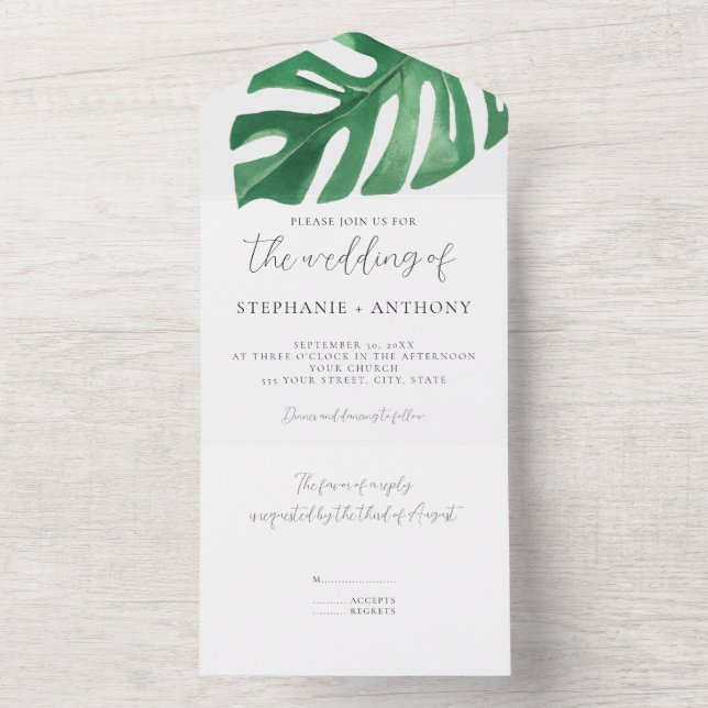 Greenery Tropical Monstera Leaves Summer Wedding   All In One Invitation (Inside)