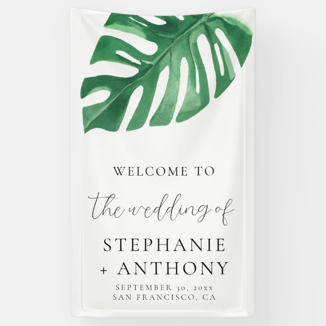 Greenery Tropical Monstera Leaves Summer Wedding   Banner (Vertical)