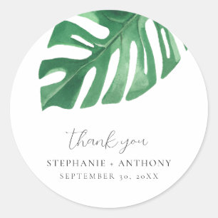 Greenery Tropical Monstera Leaves Summer Wedding   Classic Round Sticker
