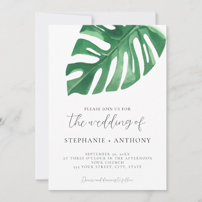 Greenery Tropical Monstera Leaves Summer Wedding   Invitation (Front)