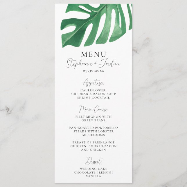Greenery Tropical Monstera Leaves Summer Wedding   Menu (Front)