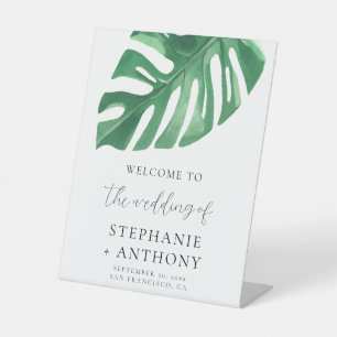 Greenery Tropical Monstera Leaves Summer Wedding Pedestal Sign