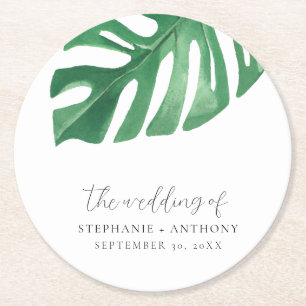 Greenery Tropical Monstera Leaves Summer Wedding Round Paper Coaster