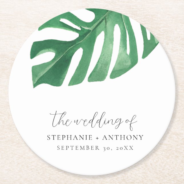 Greenery Tropical Monstera Leaves Summer Wedding   Round Paper Coaster (Front)