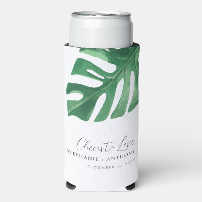 Greenery Tropical Monstera Leaves Summer Wedding   Seltzer Can Cooler (Seltzer Front)