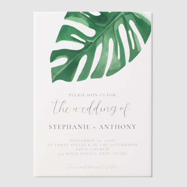 Greenery Tropical Monstera Leaves Summer Wedding   Vellum Invitations (Front)