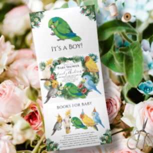 Greenery Tropical Parrots exotic Boy Baby Shower Tri-Fold Announcement