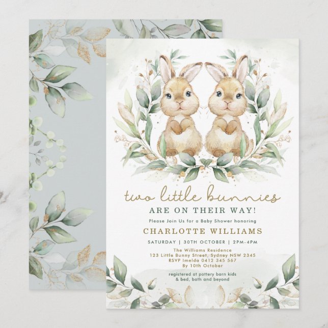 Greenery Twin Bunny Baby Shower Easter Rabbit Invitation (Front/Back)