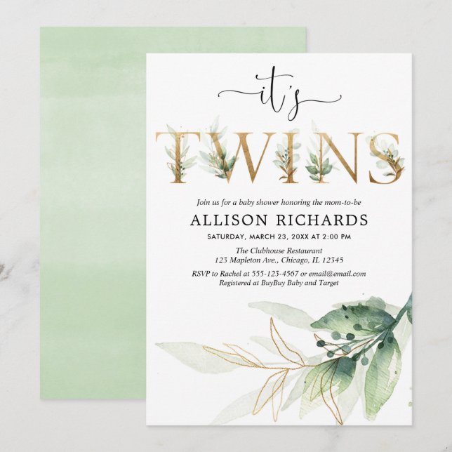 Greenery twins baby shower invitation, modern invitation (Front/Back)
