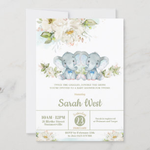 Greenery Twins Elephant Twin Boys Baby Shower Invitation